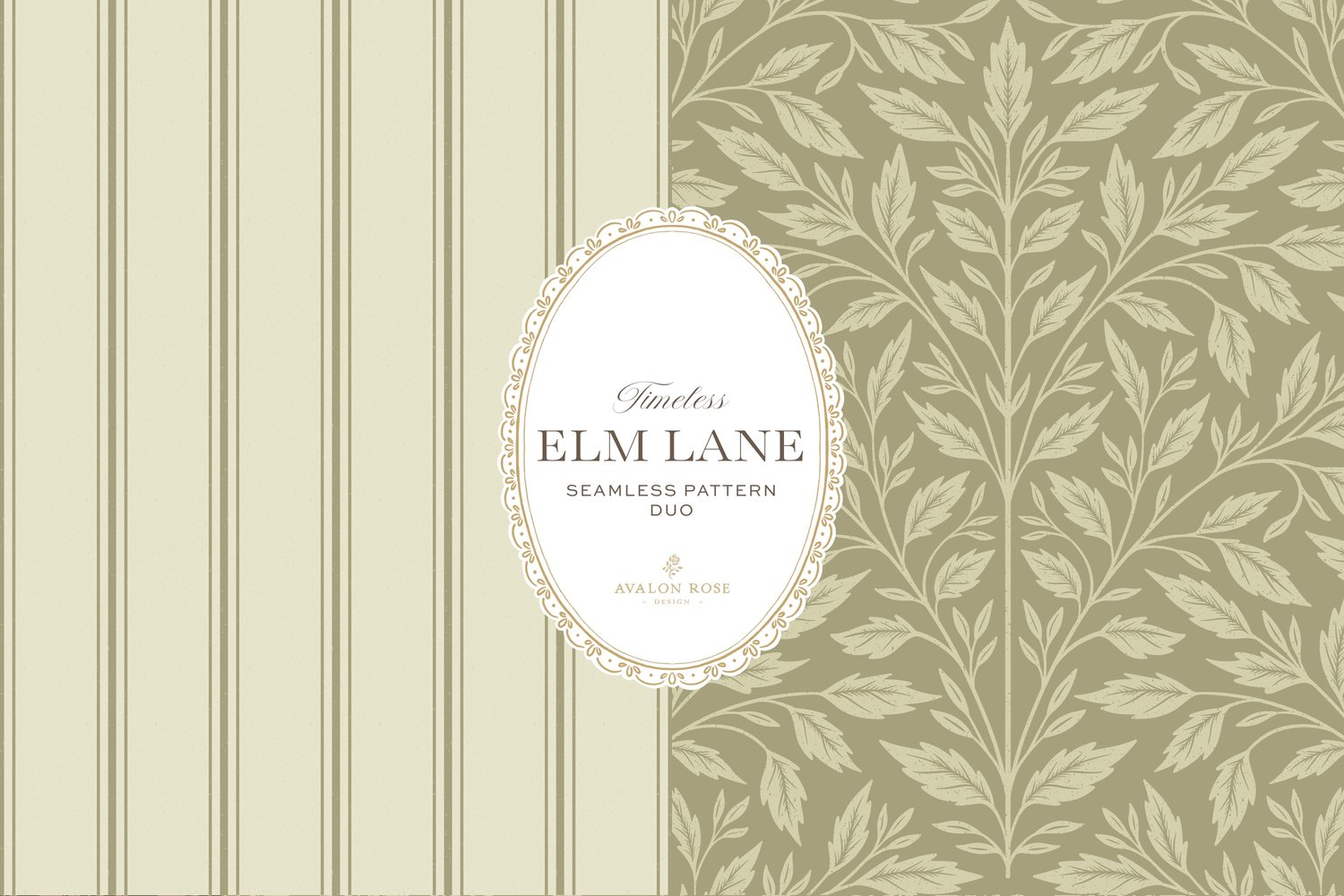 Vintage-inspired seamless surface pattern featuring hand drawn leaves in a traditional damask style with a matching stripe pattern. Light fern green.