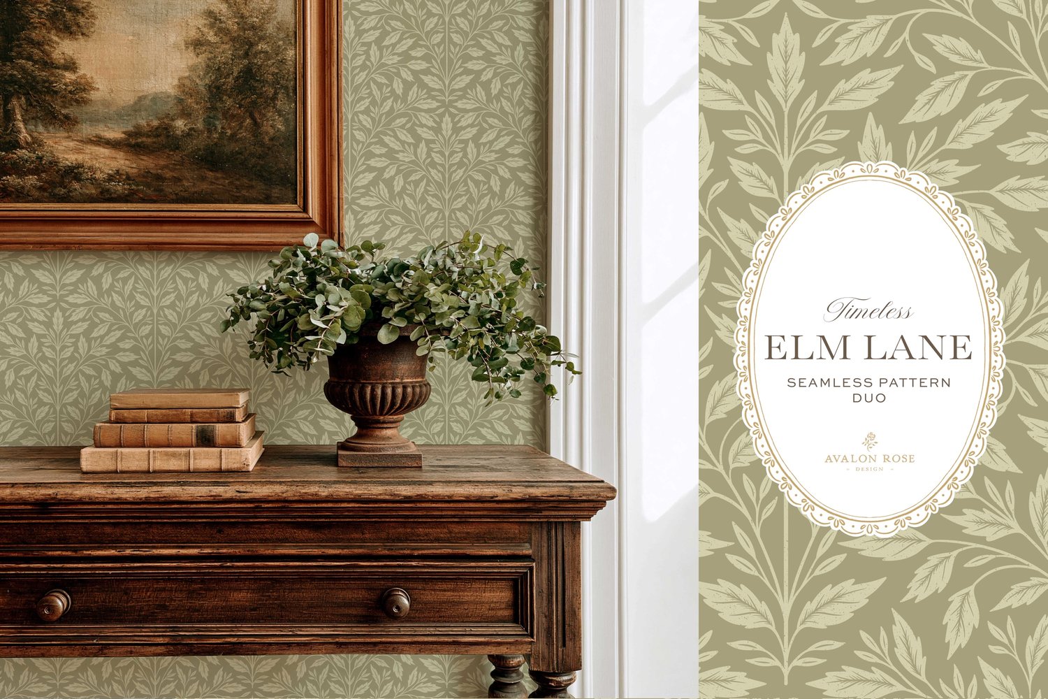 Vintage-inspired seamless surface pattern featuring hand drawn leaves in a traditional damask style with a matching stripe pattern. Light fern green.