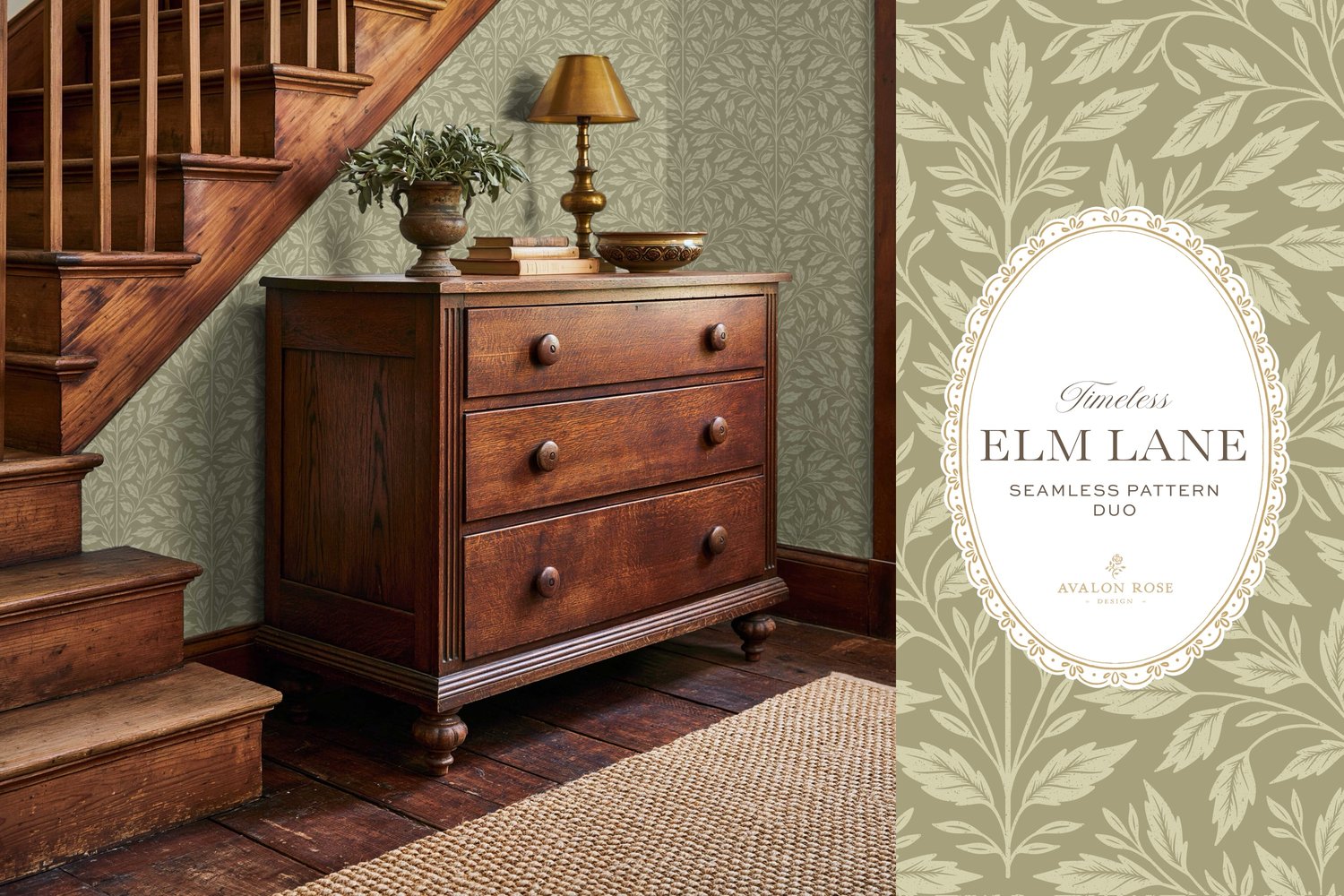 Vintage-inspired seamless surface pattern featuring hand drawn leaves in a traditional damask style with a matching stripe pattern. Light fern green.