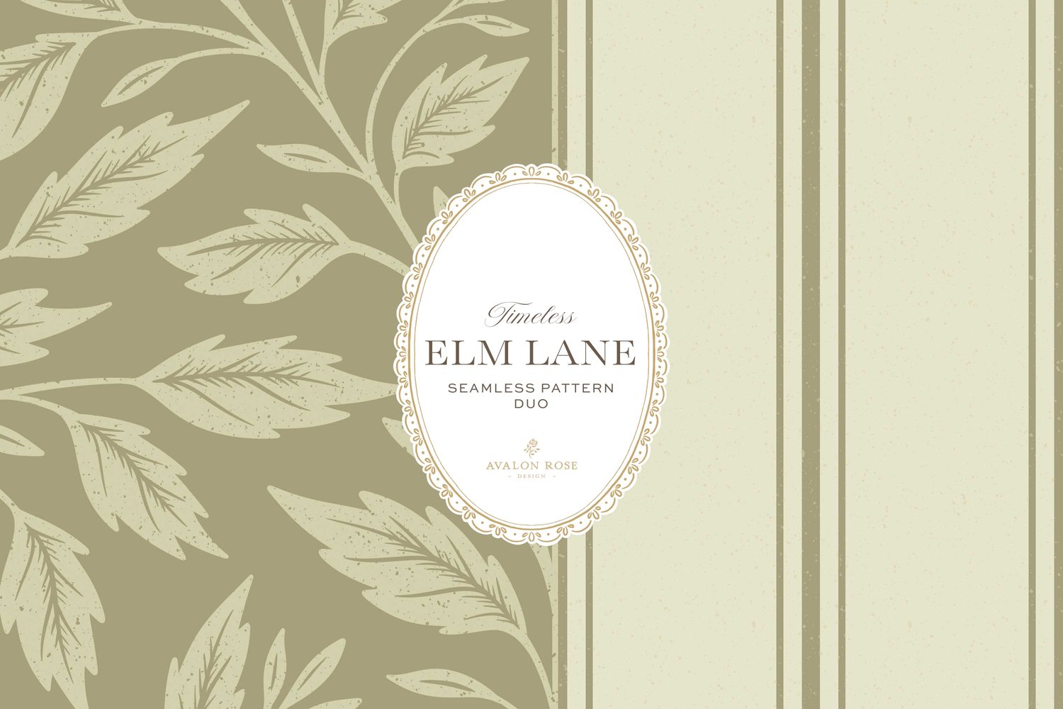 Vintage-inspired seamless surface pattern featuring hand drawn leaves in a traditional damask style with a matching stripe pattern. Light fern green.