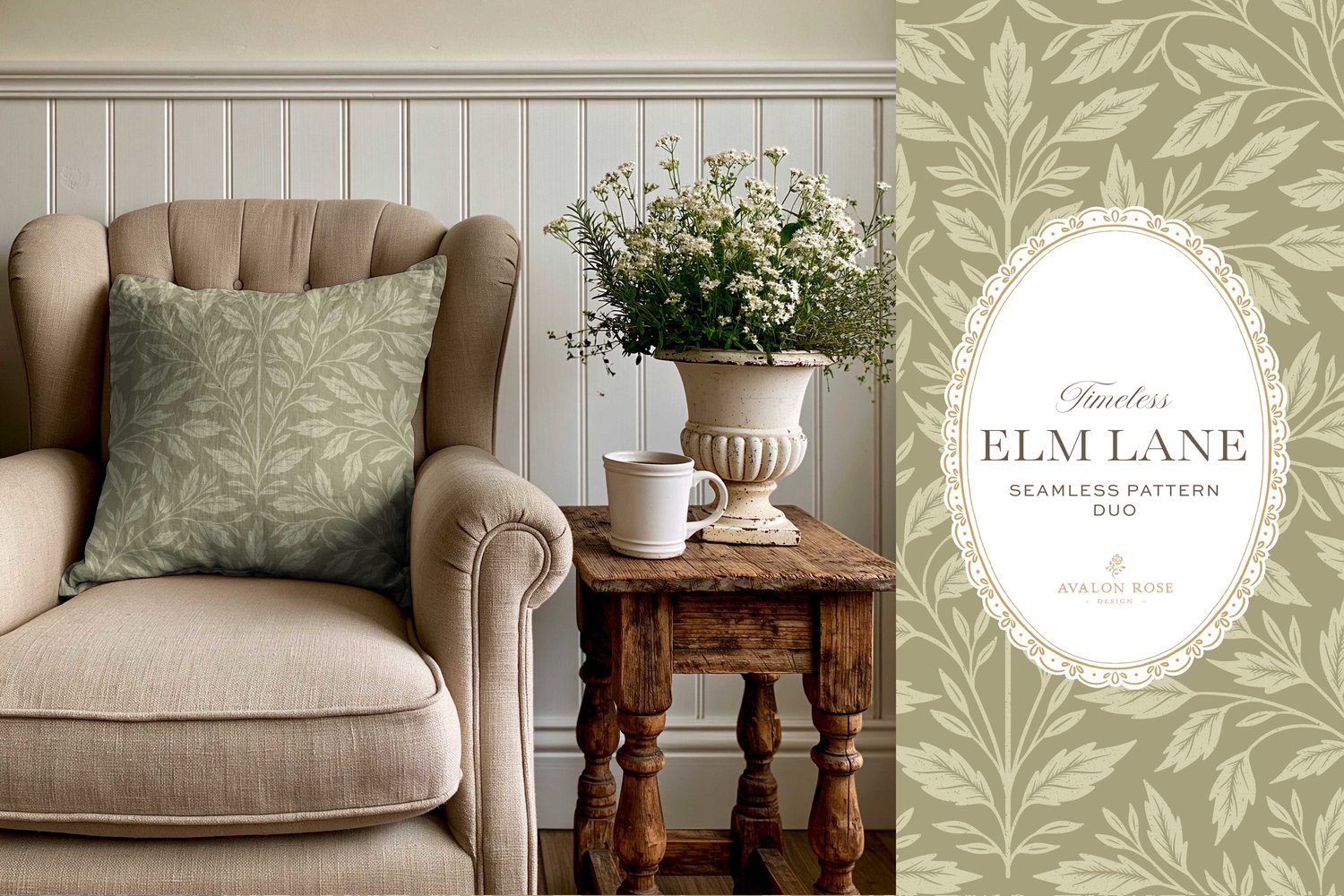 Vintage-inspired seamless surface pattern featuring hand drawn leaves in a traditional damask style with a matching stripe pattern. Light fern green.