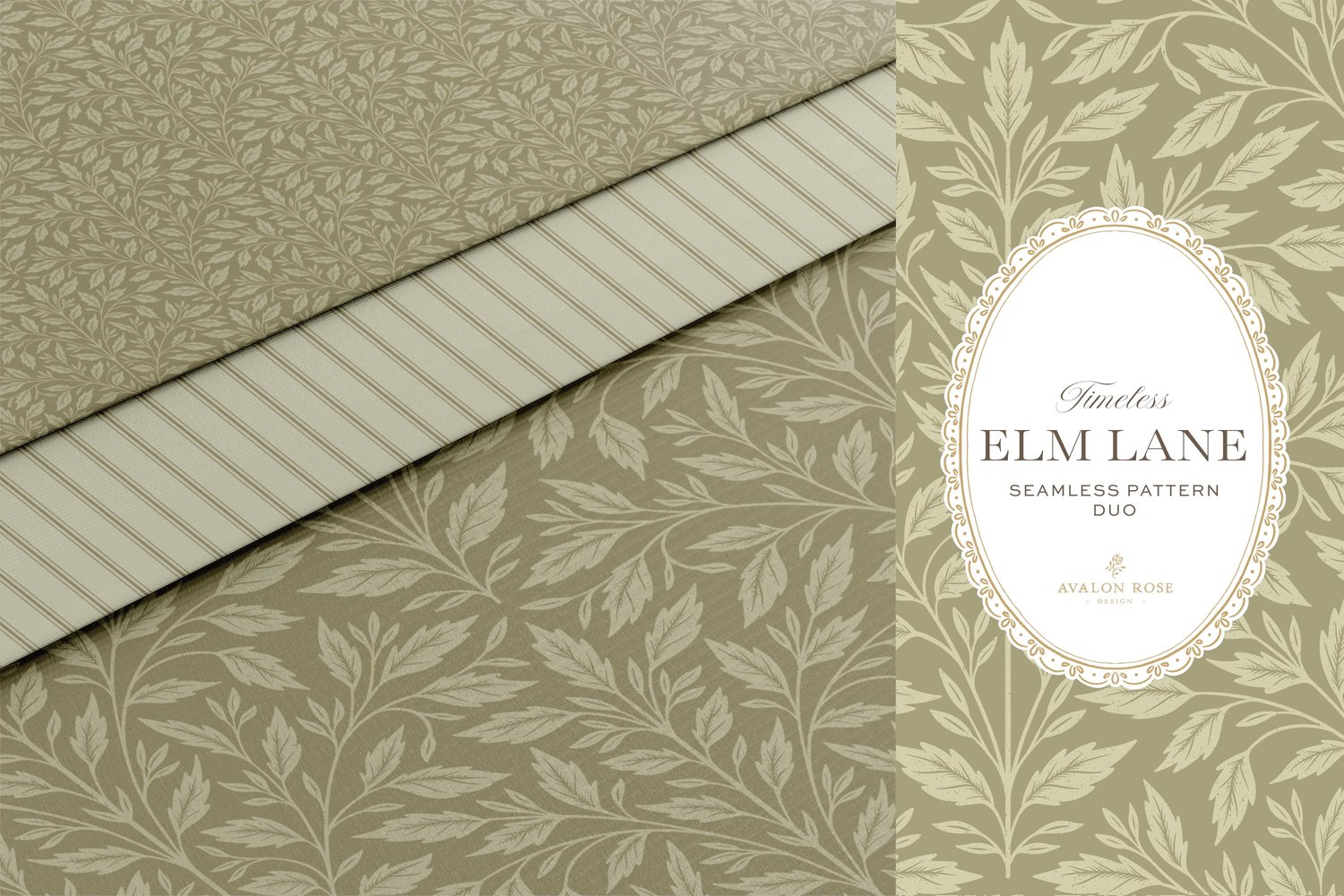 Vintage-inspired seamless surface pattern featuring hand drawn leaves in a traditional damask style with a matching stripe pattern. Light fern green.