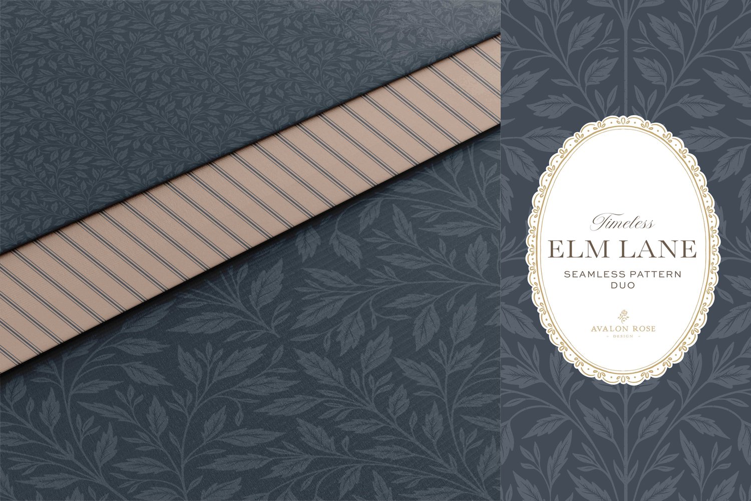 Vintage-inspired seamless surface pattern featuring hand drawn leaves in a traditional damask style with a matching stripe pattern. Navy blue.