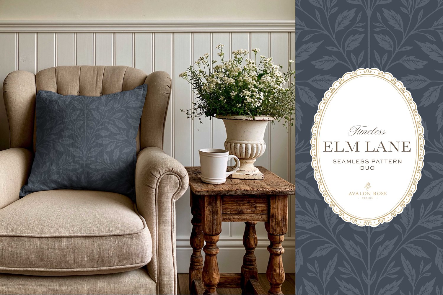 Vintage-inspired seamless surface pattern featuring hand drawn leaves in a traditional damask style with a matching stripe pattern. Navy blue.