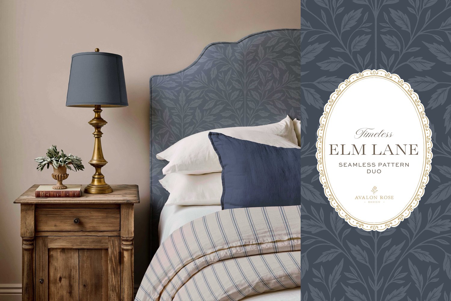Vintage-inspired seamless surface pattern featuring hand drawn leaves in a traditional damask style with a matching stripe pattern. Navy blue.
