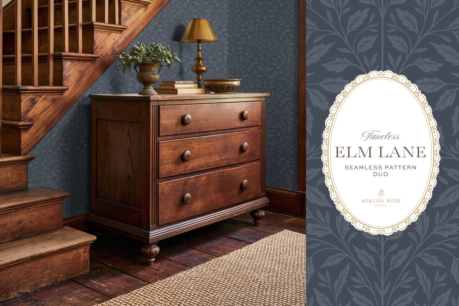 Vintage-inspired seamless surface pattern featuring hand drawn leaves in a traditional damask style with a matching stripe pattern. Navy blue.