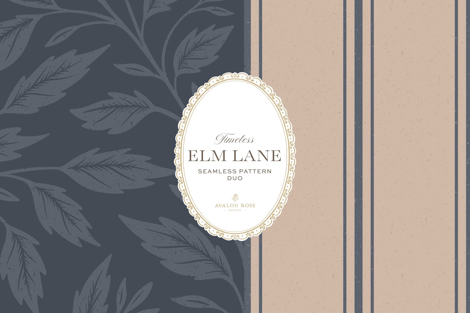 Vintage-inspired seamless surface pattern featuring hand drawn leaves in a traditional damask style with a matching stripe pattern. Navy blue.