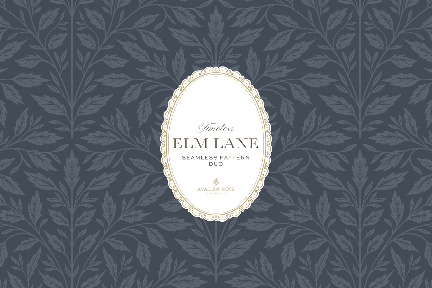 Vintage-inspired seamless surface pattern featuring hand drawn leaves in a traditional damask style with a matching stripe pattern. Navy blue.