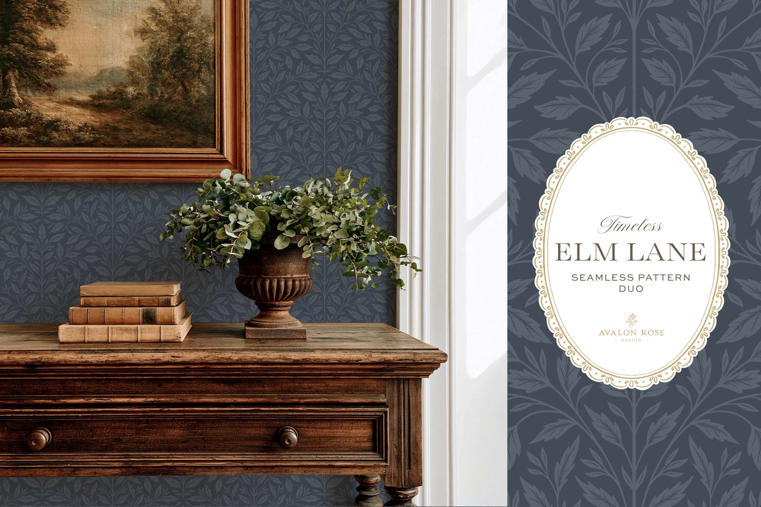 Vintage-inspired seamless surface pattern featuring hand drawn leaves in a traditional damask style with a matching stripe pattern. Navy blue.