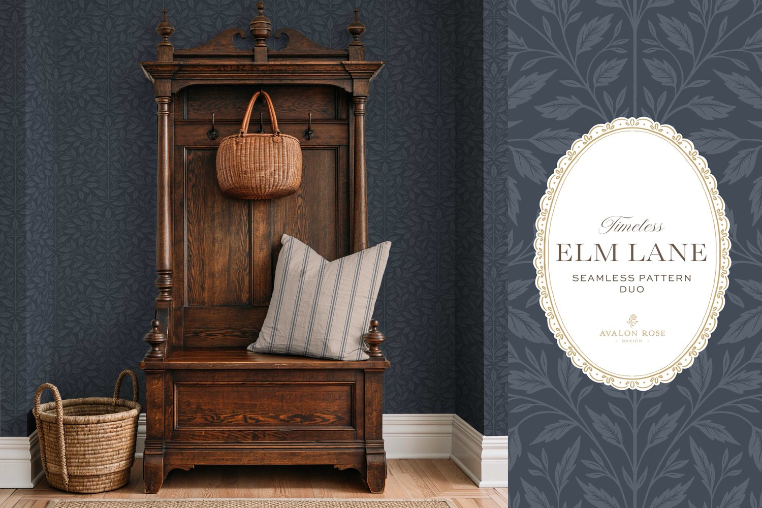 Vintage-inspired seamless surface pattern featuring hand drawn leaves in a traditional damask style with a matching stripe pattern. Navy blue.