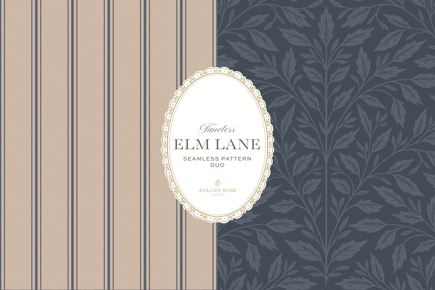 Vintage-inspired seamless surface pattern featuring hand drawn leaves in a traditional damask style with a matching stripe pattern. Navy blue.