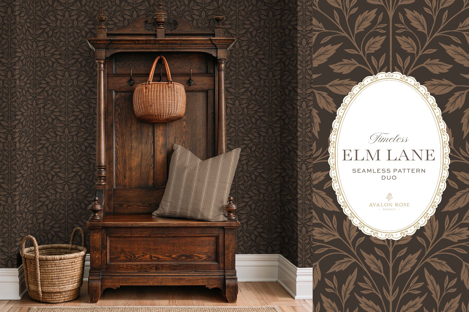Vintage-inspired seamless surface pattern featuring hand drawn leaves in a traditional damask style with a matching stripe pattern. Dark bronze brown.