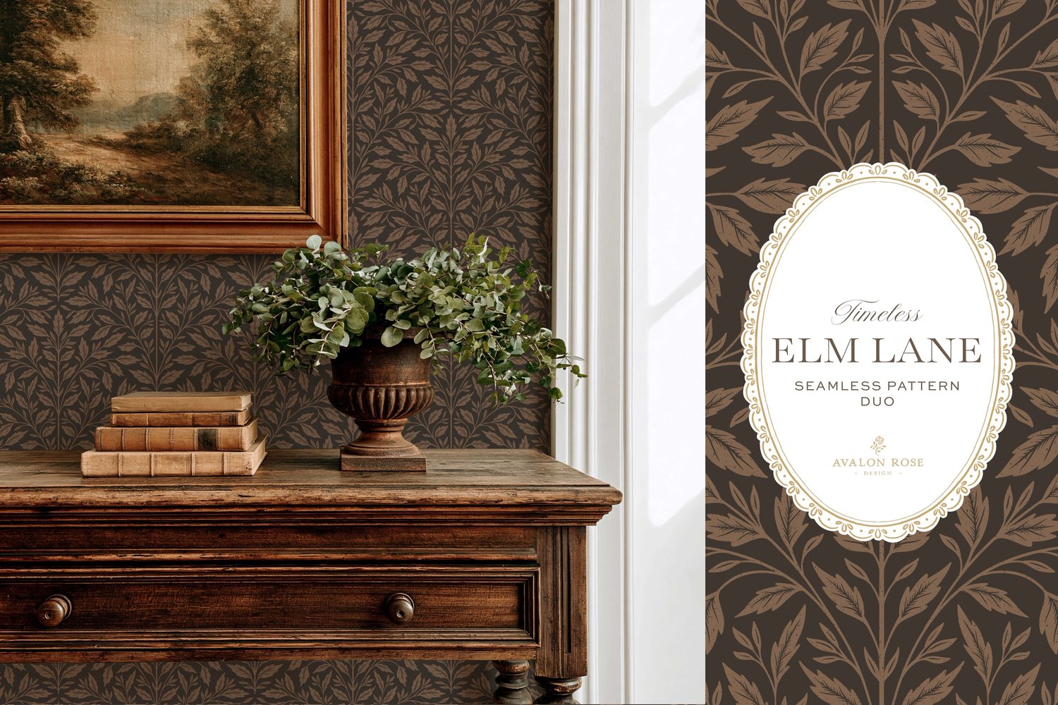 Vintage-inspired seamless surface pattern featuring hand drawn leaves in a traditional damask style with a matching stripe pattern. Dark bronze brown.