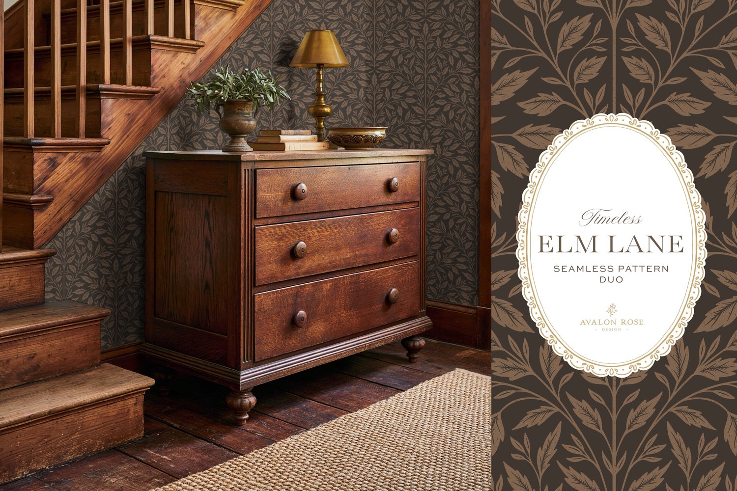 Vintage-inspired seamless surface pattern featuring hand drawn leaves in a traditional damask style with a matching stripe pattern. Dark bronze brown.