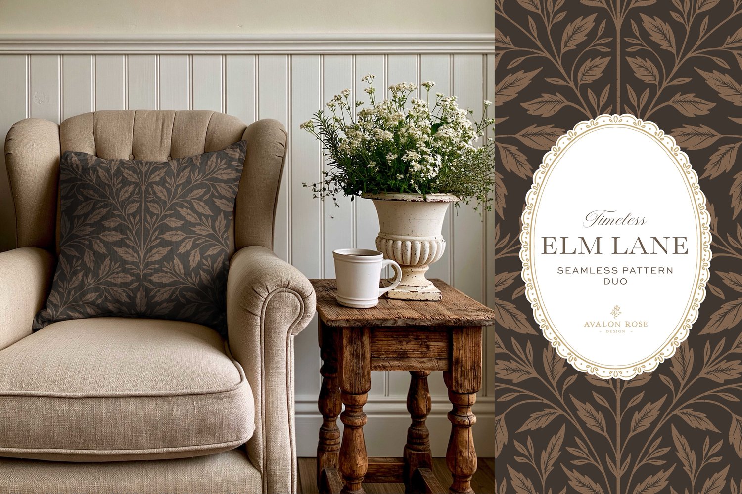 Vintage-inspired seamless surface pattern featuring hand drawn leaves in a traditional damask style with a matching stripe pattern. Dark bronze brown.