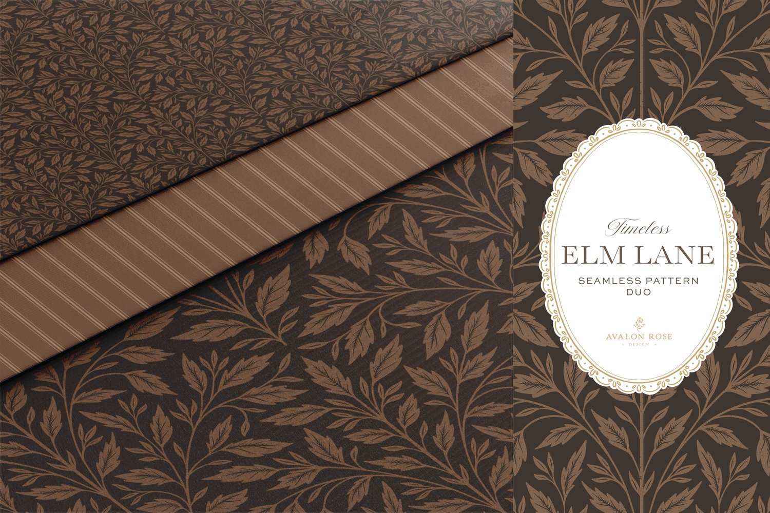 Vintage-inspired seamless surface pattern featuring hand drawn leaves in a traditional damask style with a matching stripe pattern. Dark bronze brown.