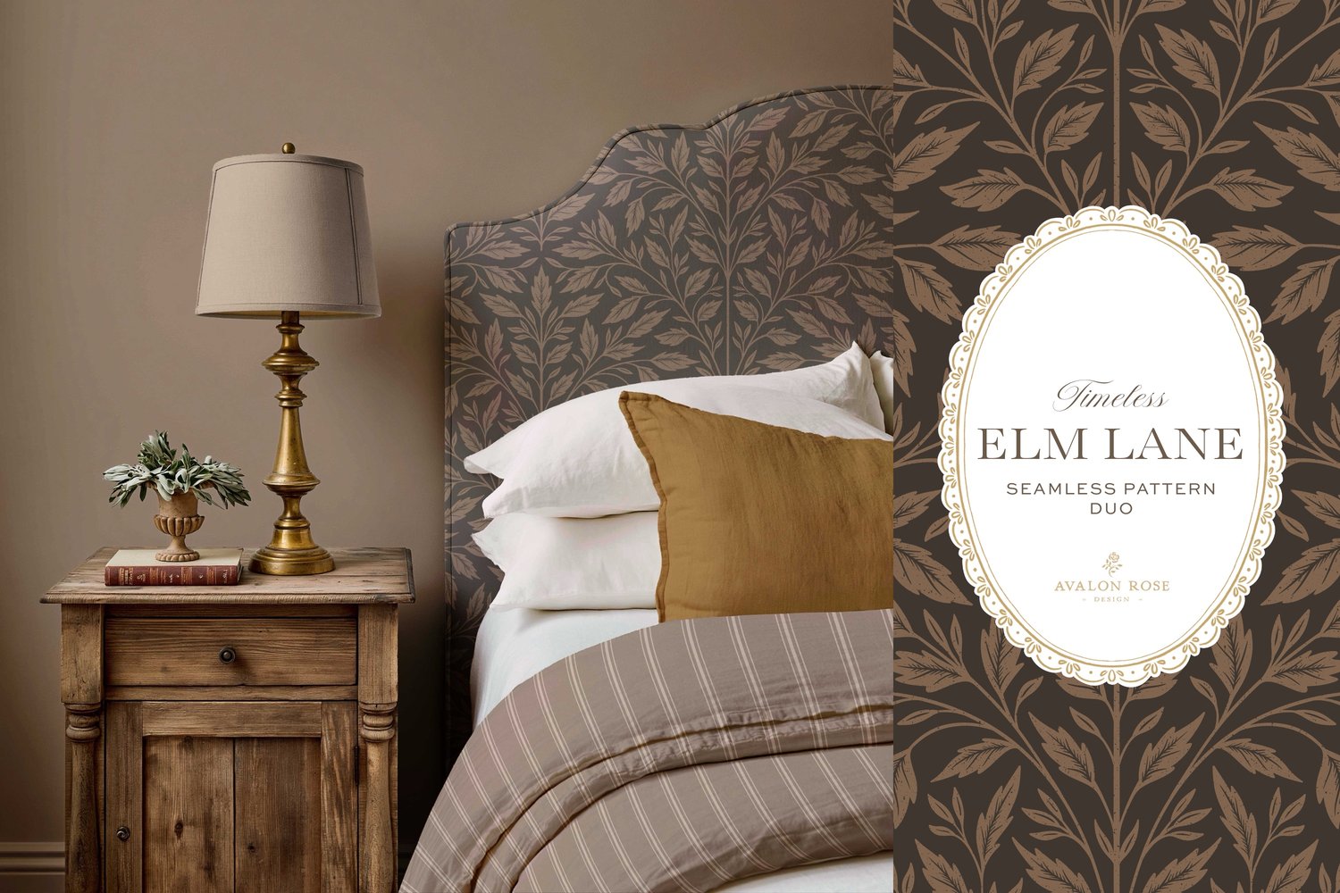 Vintage-inspired seamless surface pattern featuring hand drawn leaves in a traditional damask style with a matching stripe pattern. Dark bronze brown.