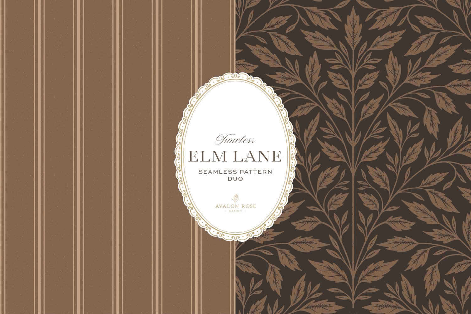 Vintage-inspired seamless surface pattern featuring hand drawn leaves in a traditional damask style with a matching stripe pattern. Dark bronze brown.