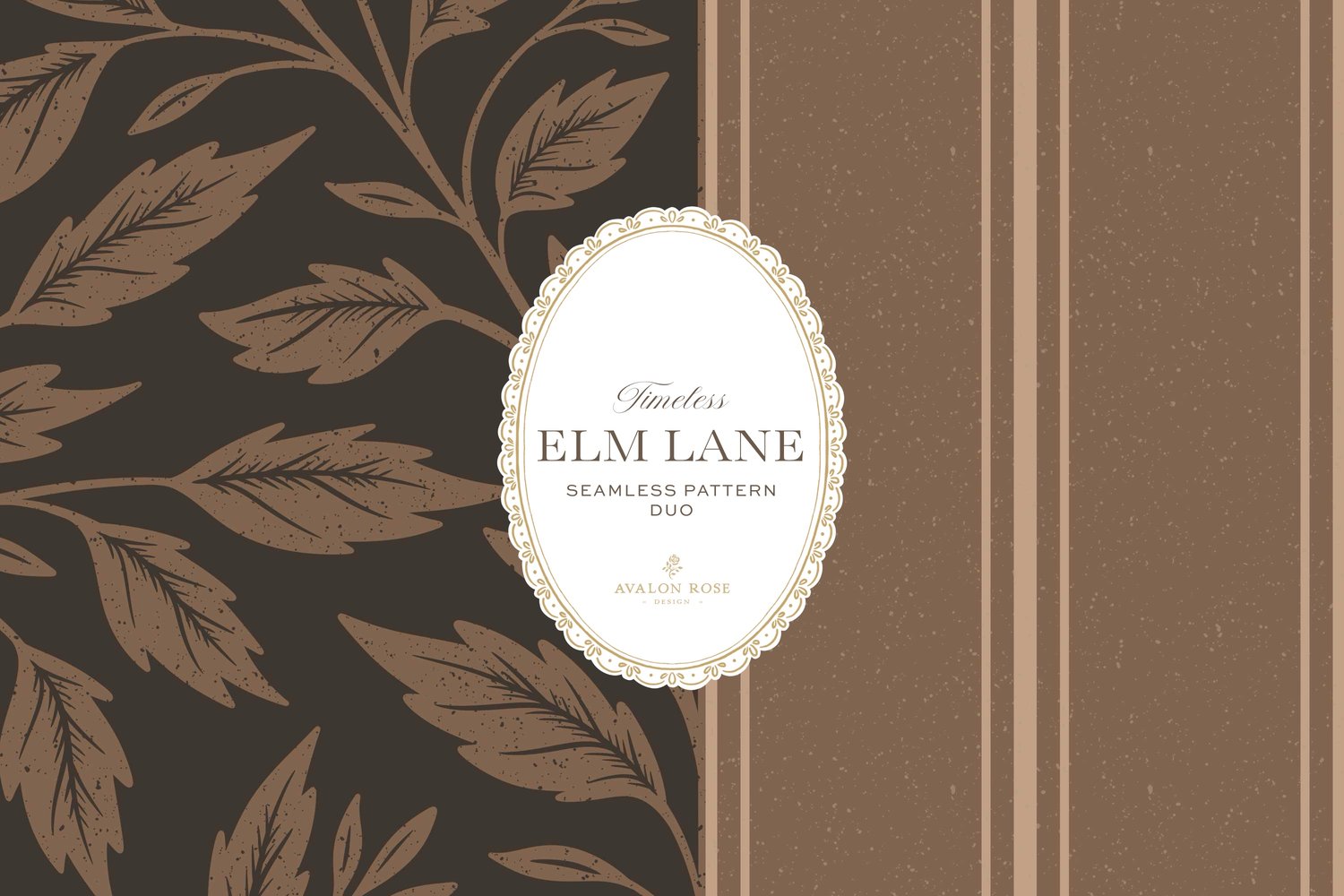 Vintage-inspired seamless surface pattern featuring hand drawn leaves in a traditional damask style with a matching stripe pattern. Dark bronze brown.Vintage-inspired seamless surface pattern featuring hand drawn leaves in a traditional damask style with