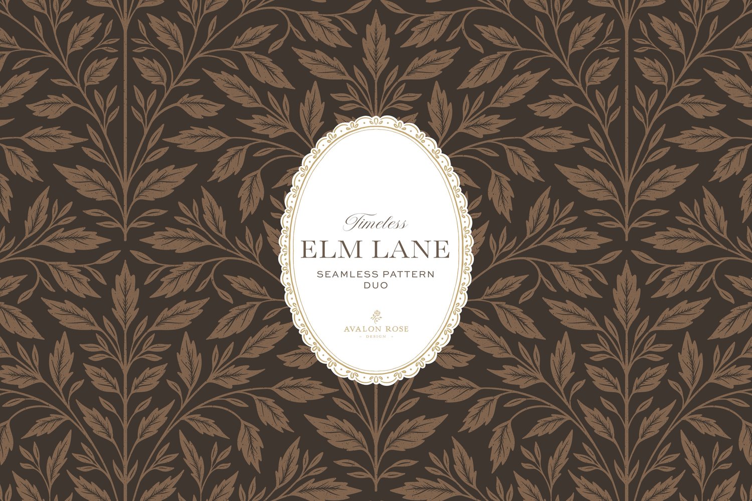 Vintage-inspired seamless surface pattern featuring hand drawn leaves in a traditional damask style with a matching stripe pattern. Dark bronze brown.