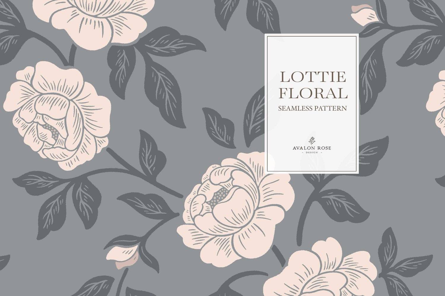 Vintage-inspired farmhouse style seamless surface pattern featuring hand-drawn rose climbing florals and leaves in blue and cream.