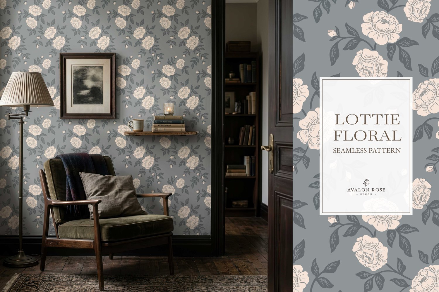 Vintage-inspired farmhouse style seamless surface pattern featuring hand-drawn rose climbing florals and leaves in blue and cream.
