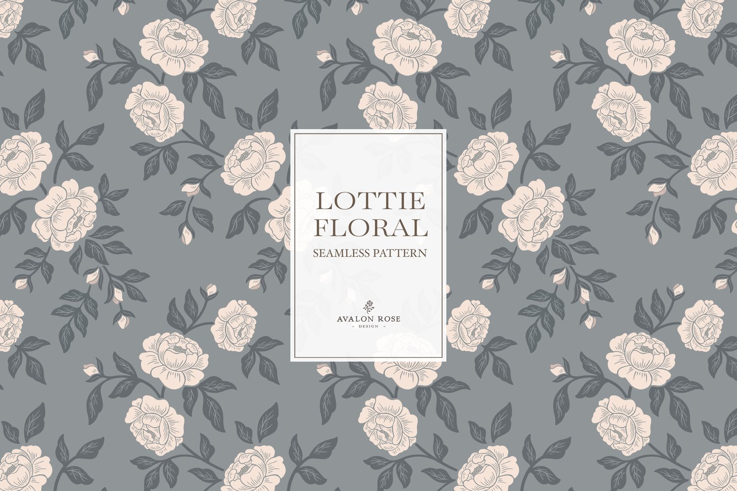Vintage-inspired farmhouse style seamless surface pattern featuring hand-drawn rose climbing florals and leaves in blue and cream.
