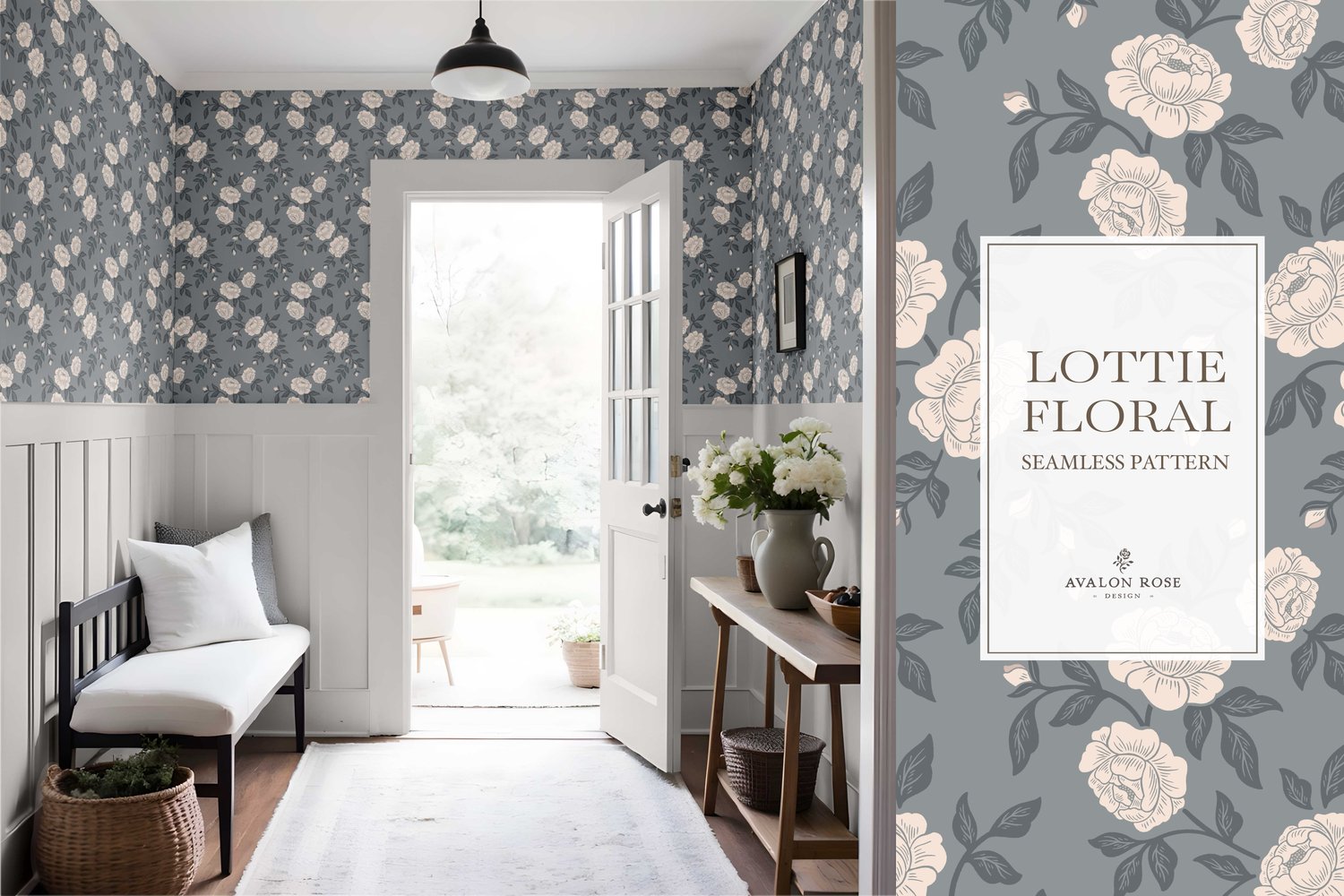 Vintage-inspired farmhouse style seamless surface pattern featuring hand-drawn rose climbing florals and leaves in blue and cream.