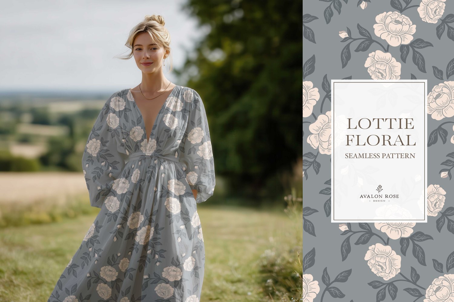 Vintage-inspired farmhouse style seamless surface pattern featuring hand-drawn rose climbing florals and leaves in blue and cream.