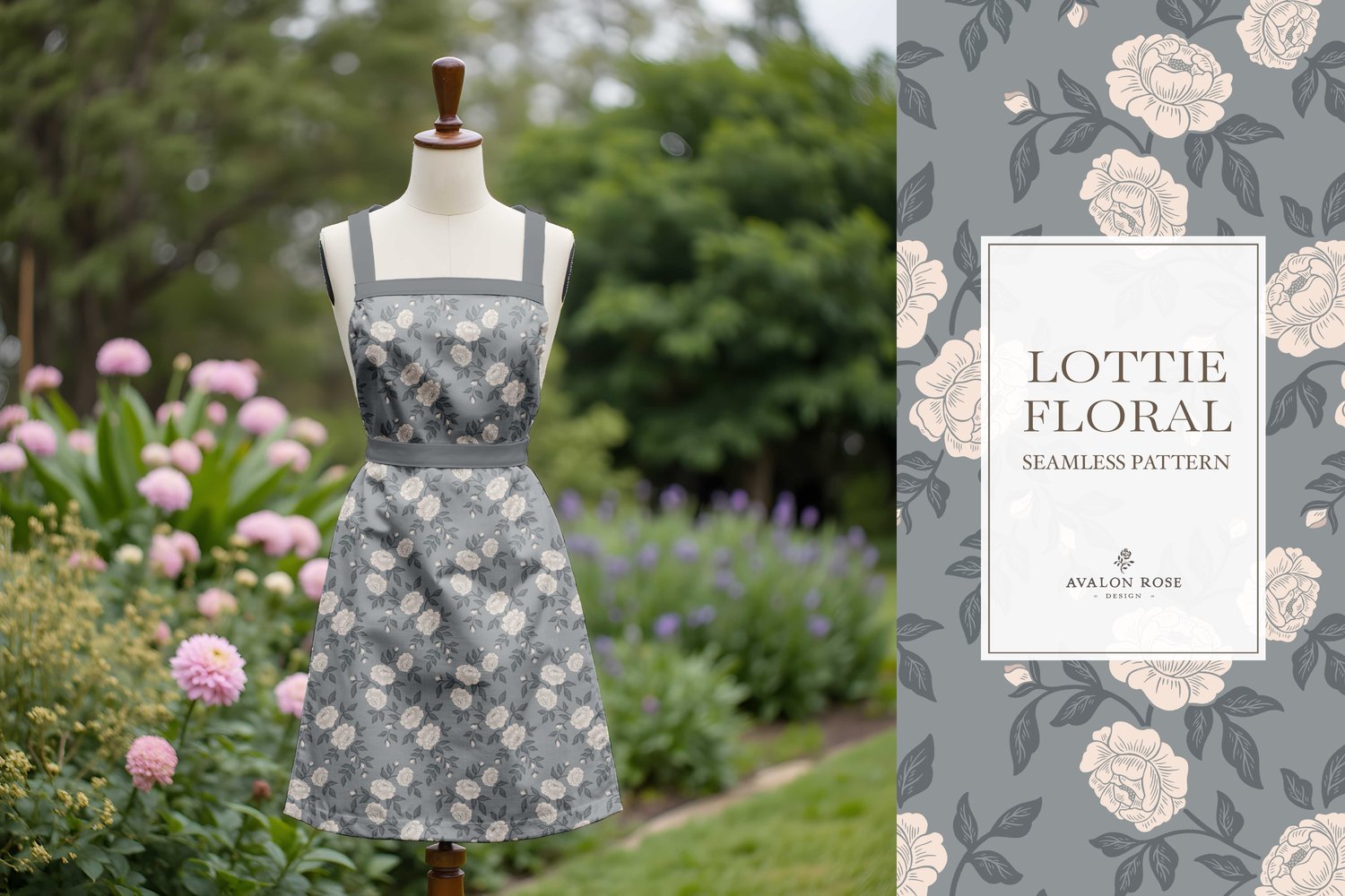 Vintage-inspired farmhouse style seamless surface pattern featuring hand-drawn rose climbing florals and leaves in blue and cream.