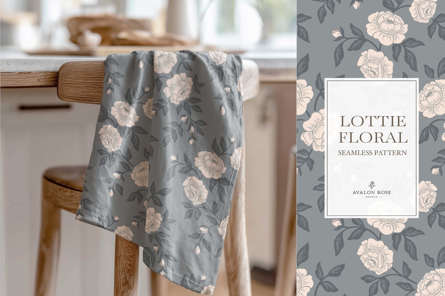Vintage-inspired farmhouse style seamless surface pattern featuring hand-drawn rose climbing florals and leaves in blue and cream.