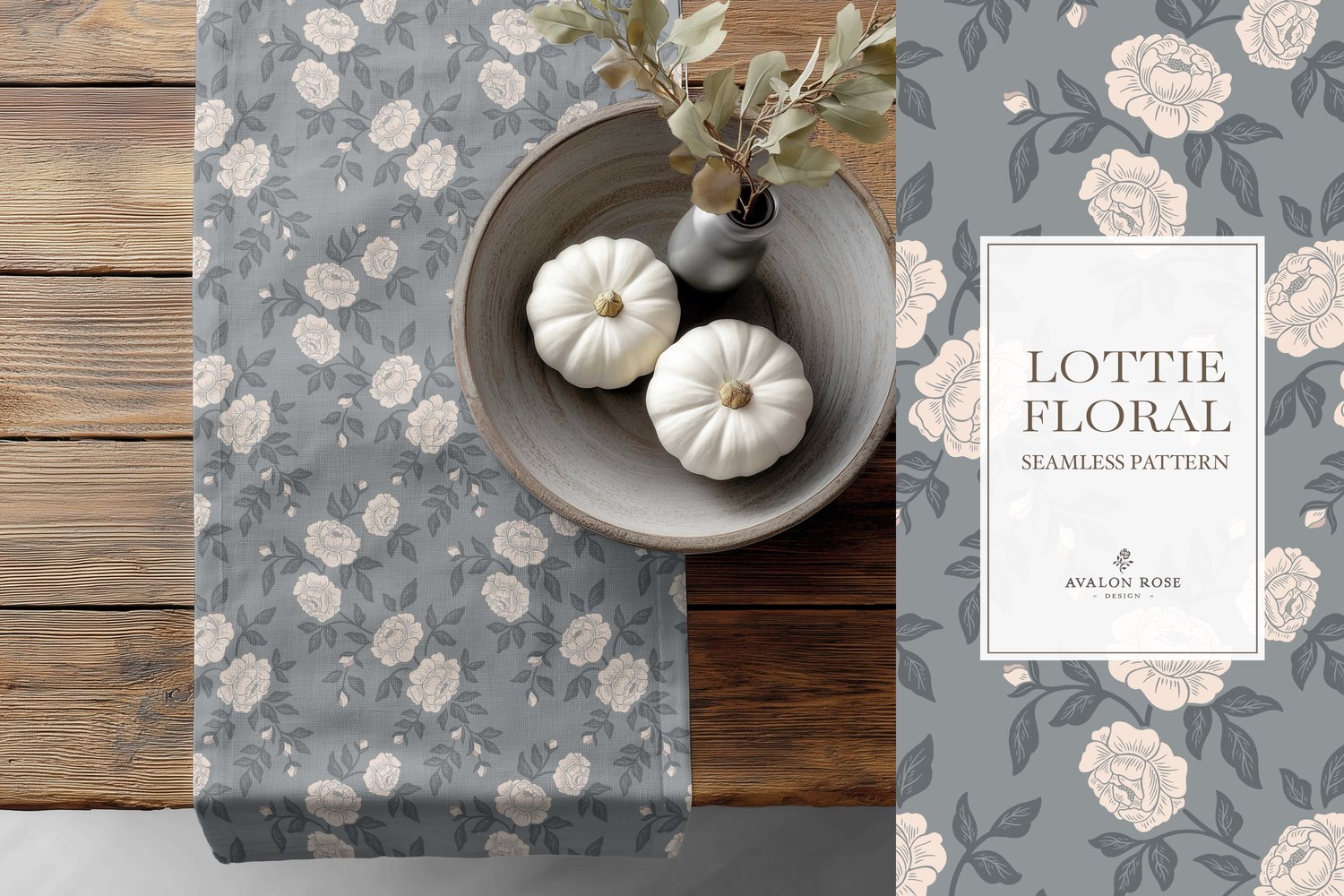 Vintage-inspired farmhouse style seamless surface pattern featuring hand-drawn rose climbing florals and leaves in blue and cream.