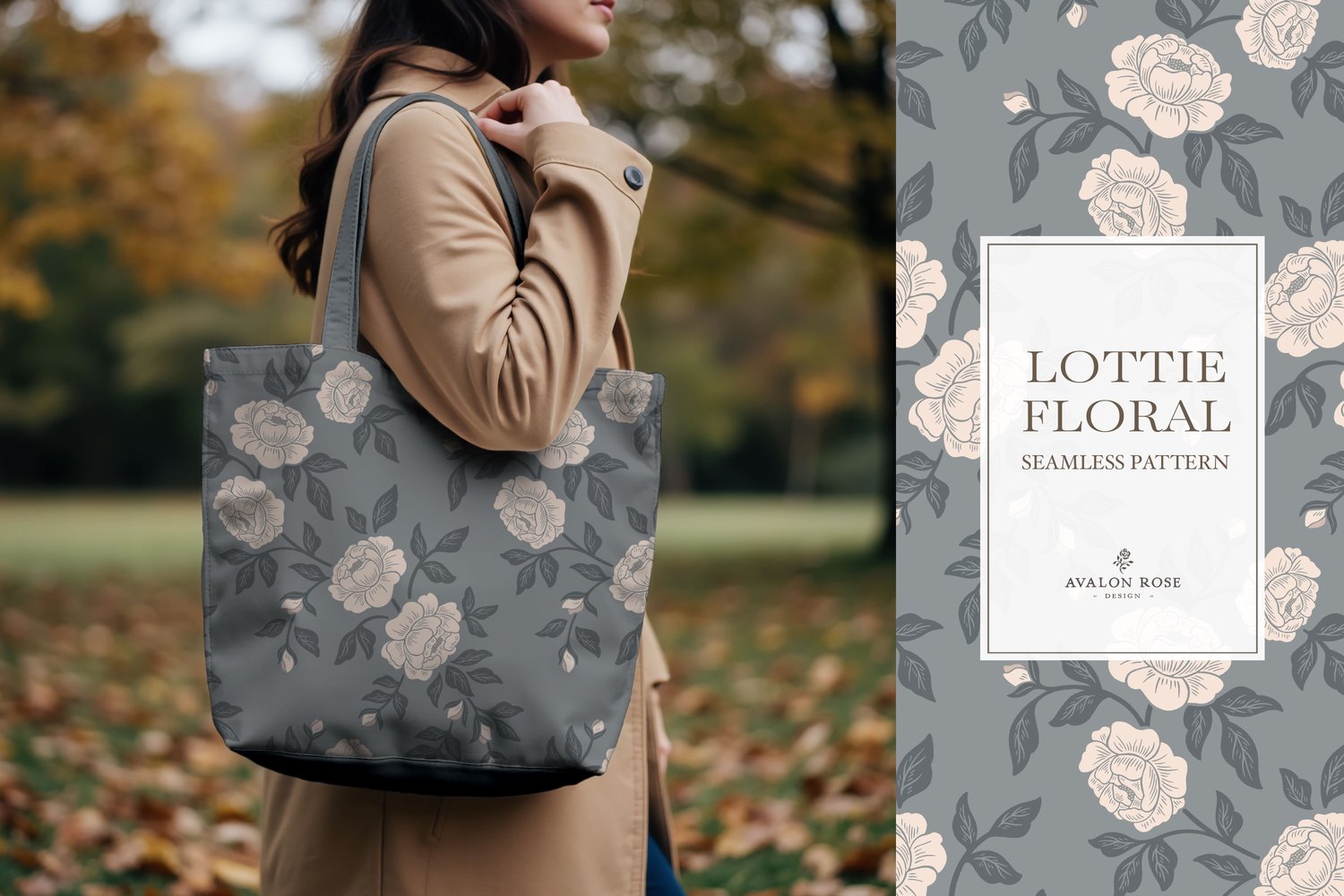Vintage-inspired farmhouse style seamless surface pattern featuring hand-drawn rose climbing florals and leaves in blue and cream.