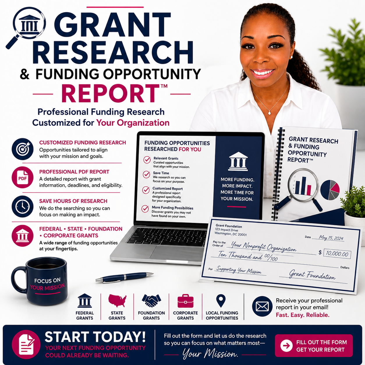 Grant research service flyer with woman smiling and grant report details.