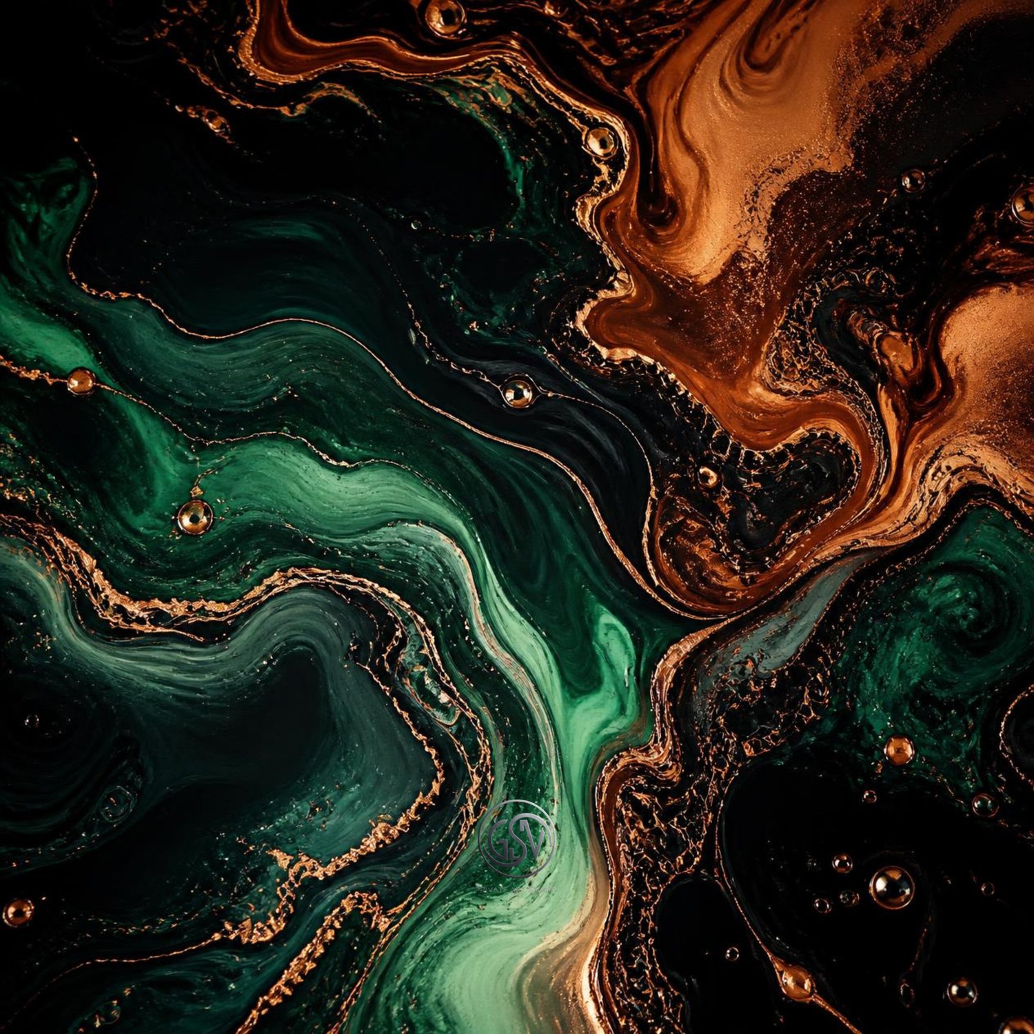 Abstract fluid art album cover with emerald green and copper swirls on dark background