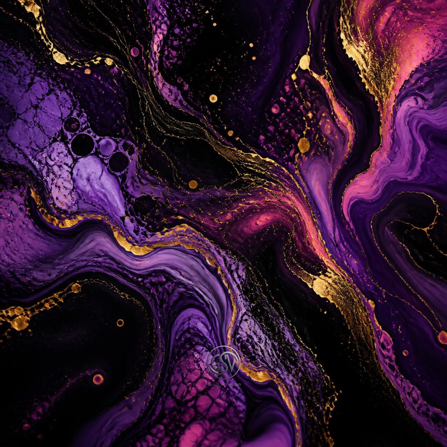 Abstract fluid art album cover with deep purple and gold swirls on black background