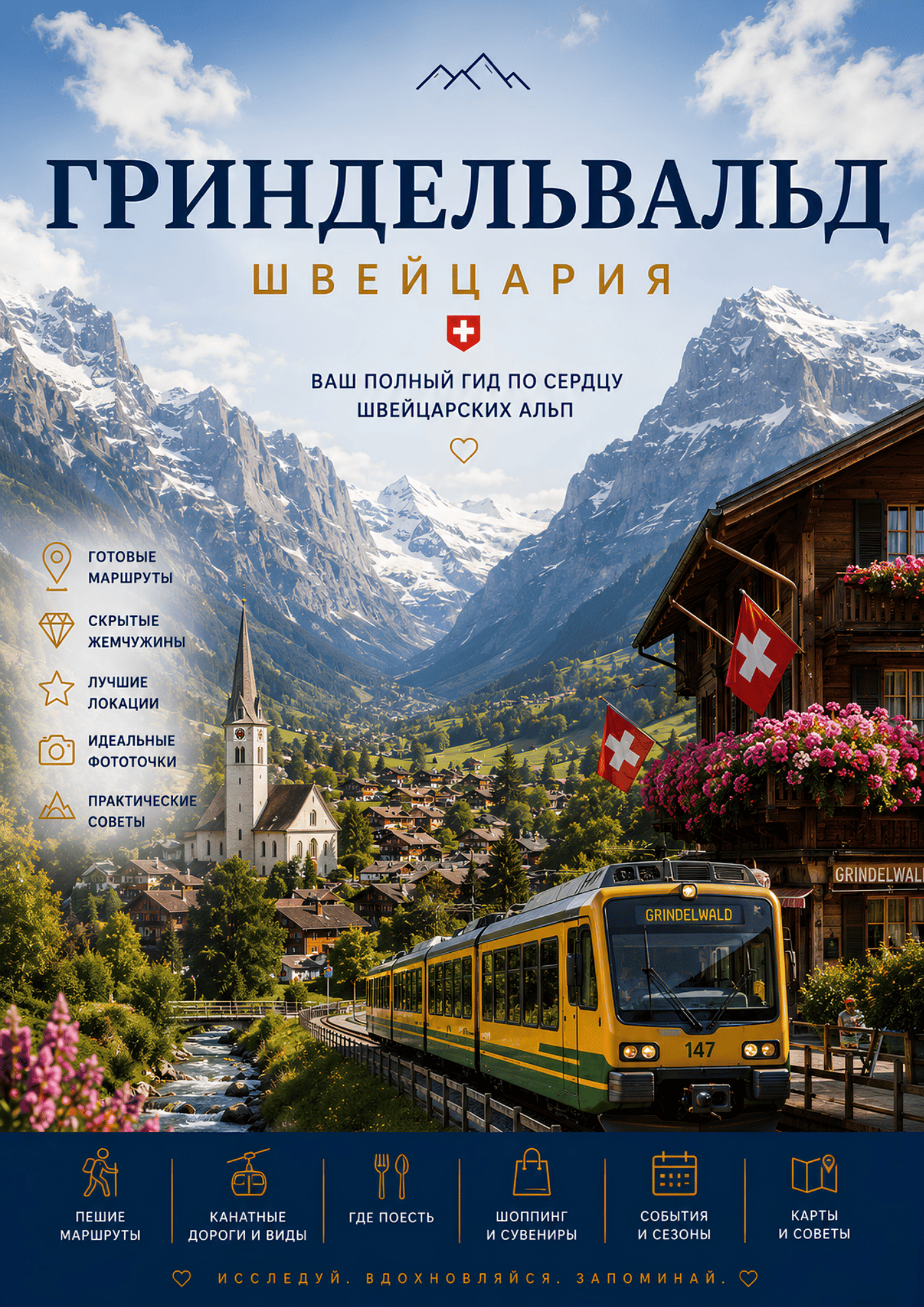 Обложка PDF-путеводителя по Гриндельвальду с Альпами, горными пейзажами и главными достопримечательностями