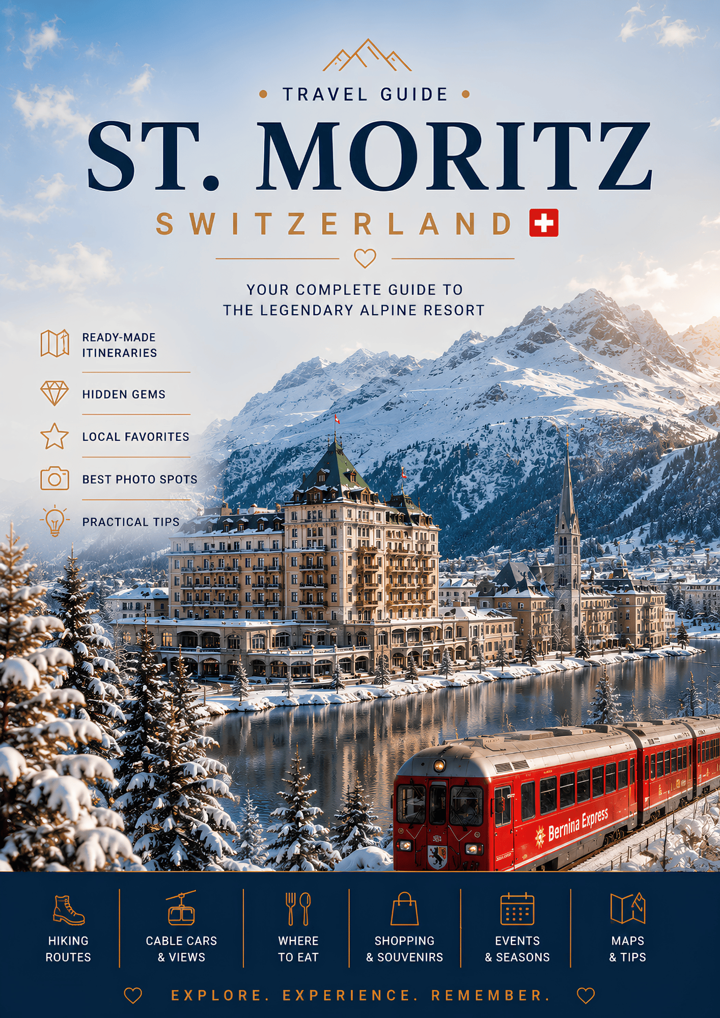 St. Moritz Switzerland PDF travel guide cover with alpine lake, mountains and travel information
