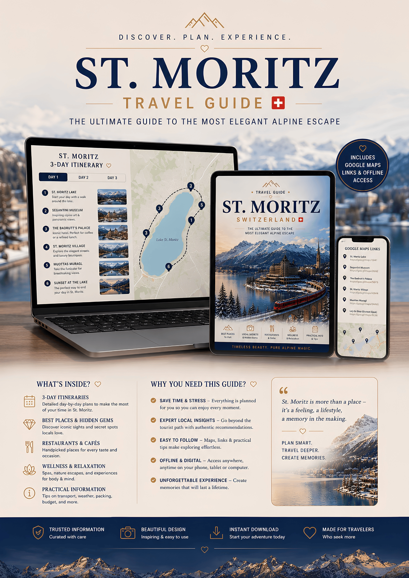 St. Moritz travel guide bundle showing PDF guide on laptop, tablet, smartphone and printed book