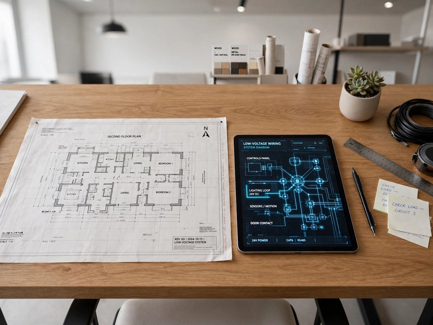 Architectural floor plan on an oak desk showing low-voltage smart home wiring layouts next to a tablet with automation schematics.
