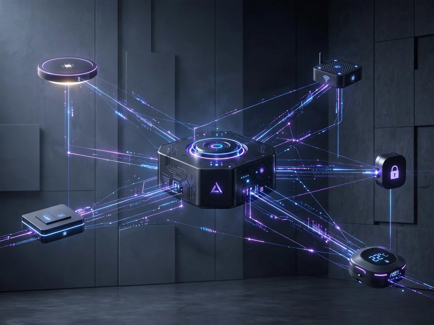 3D visual illustration showing a central smart home hub broadcasting wireless signal pathways to smart devices on a mesh network.