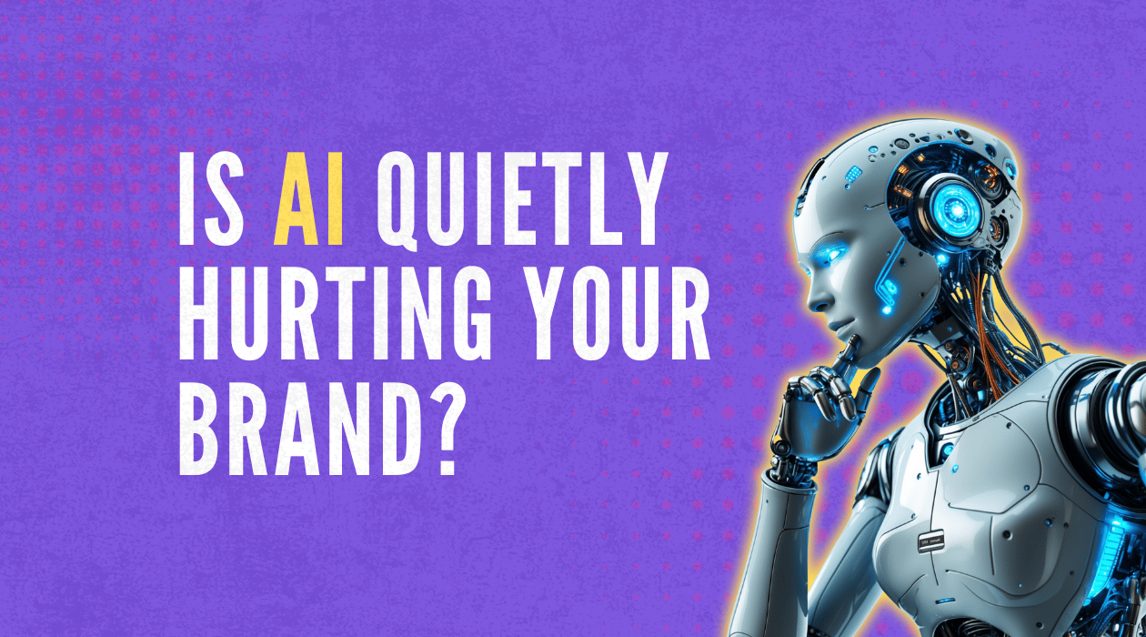 Blog banner asking 'Is AI quietly hurting your brand?' with a thinking robot illustration