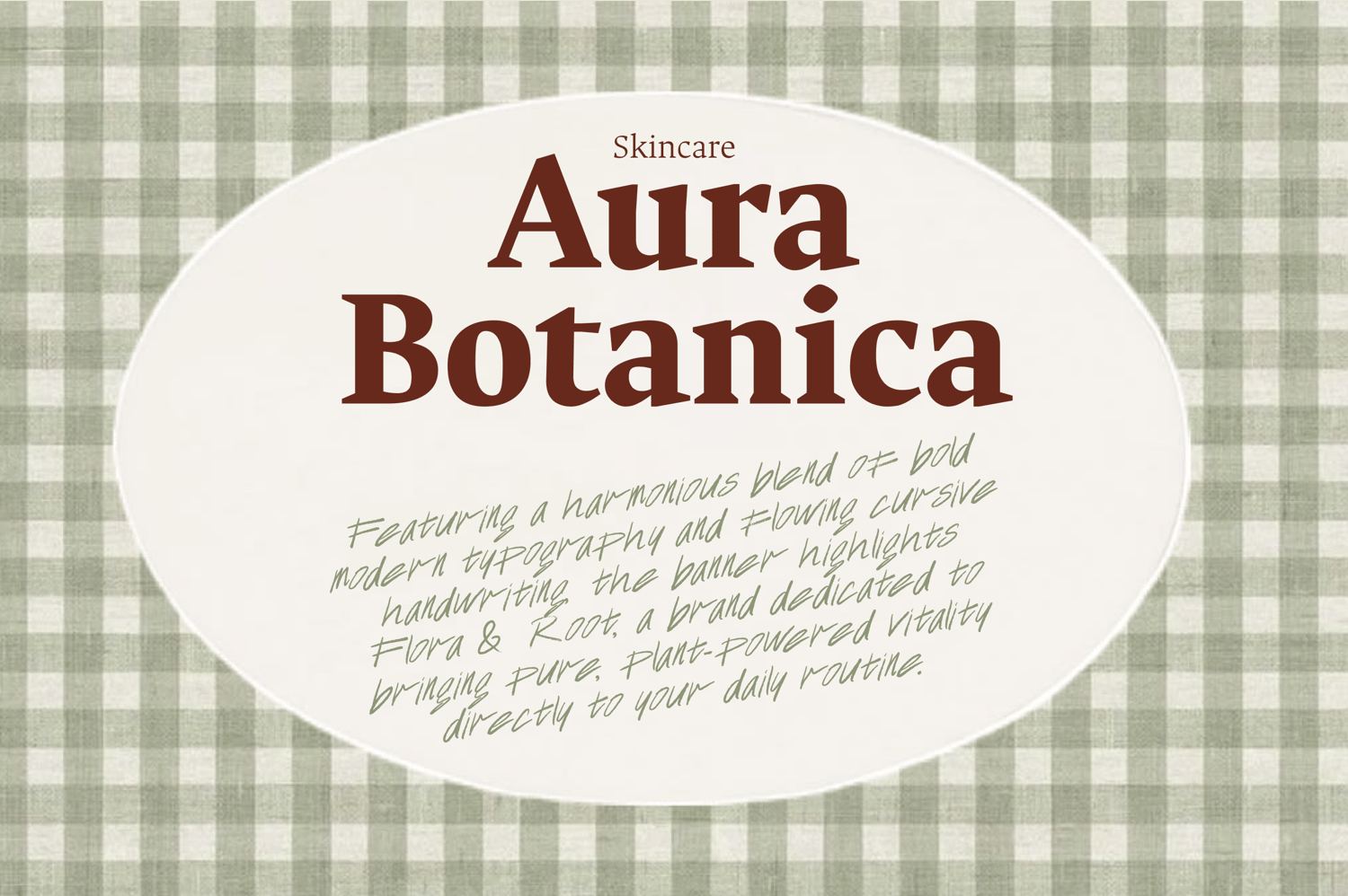 Skincare branding concept for Aura Botanica featuring bold typography and handwritten script text over a green gingham background