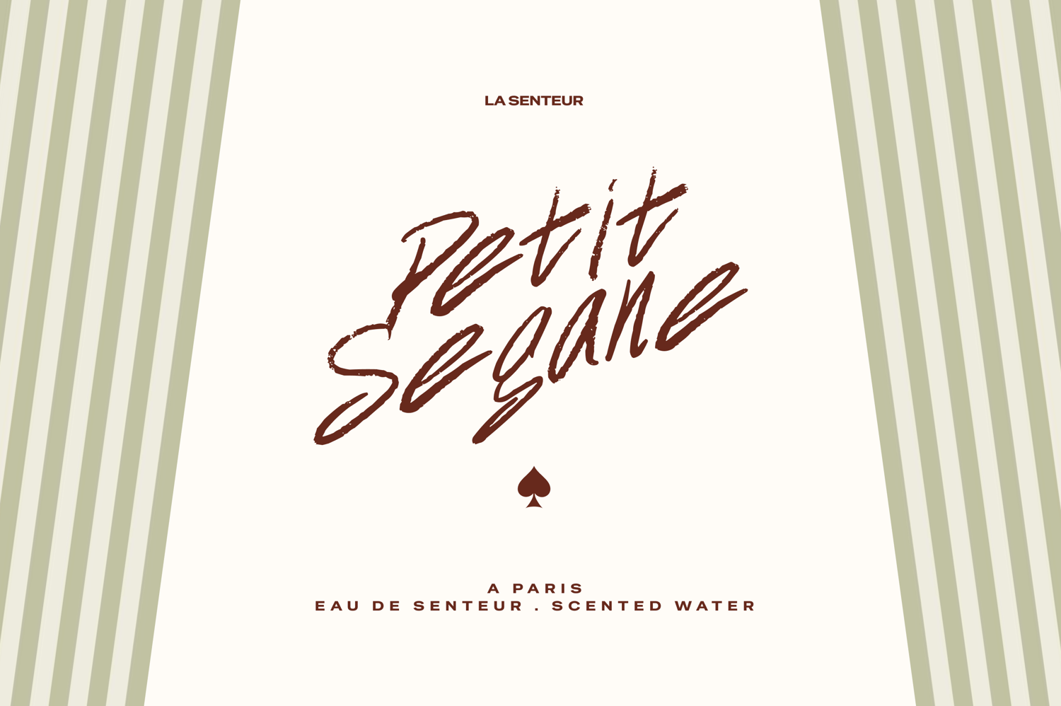 Petit Segane scented water perfume label design with cursive script typography and green vertical stripes background
