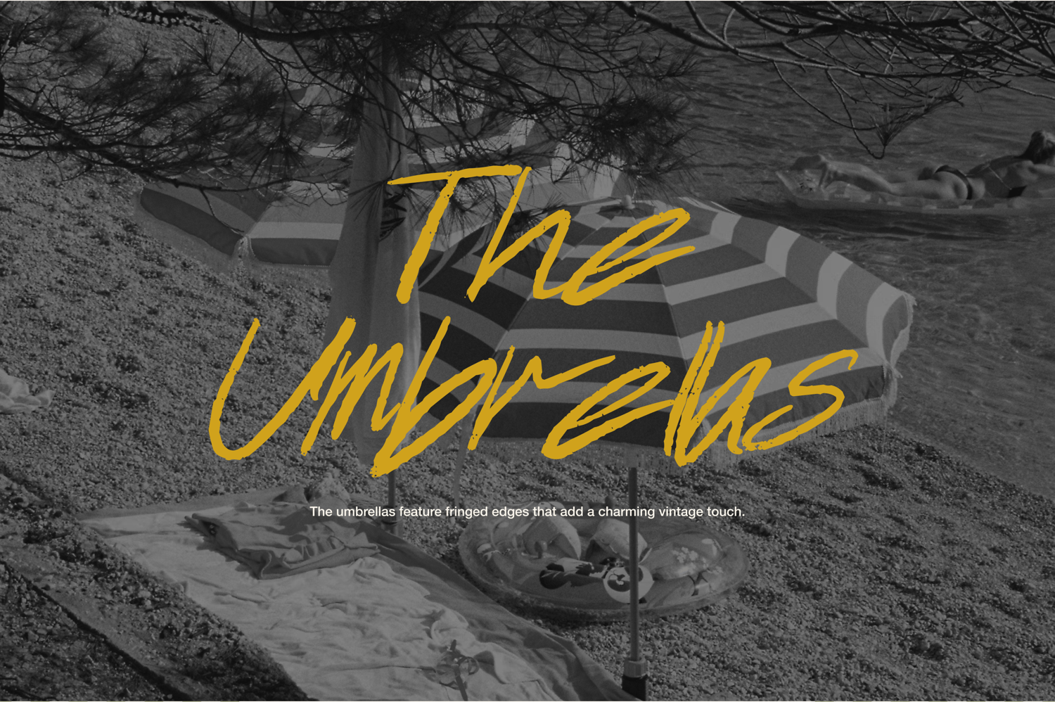 Vintage beach scene featuring striped umbrellas with yellow handwritten display font overlay titled The Umbrellas