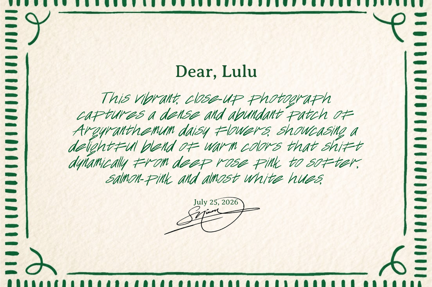 Handwritten letter template addressed to Lulu with green cursive typography on textured paper and decorative border
