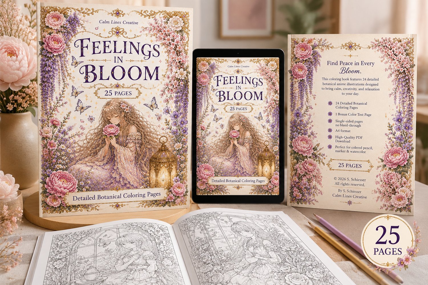 Feelings in Bloom printable botanical anime coloring book mockup showing cover, tablet preview and interior coloring pages