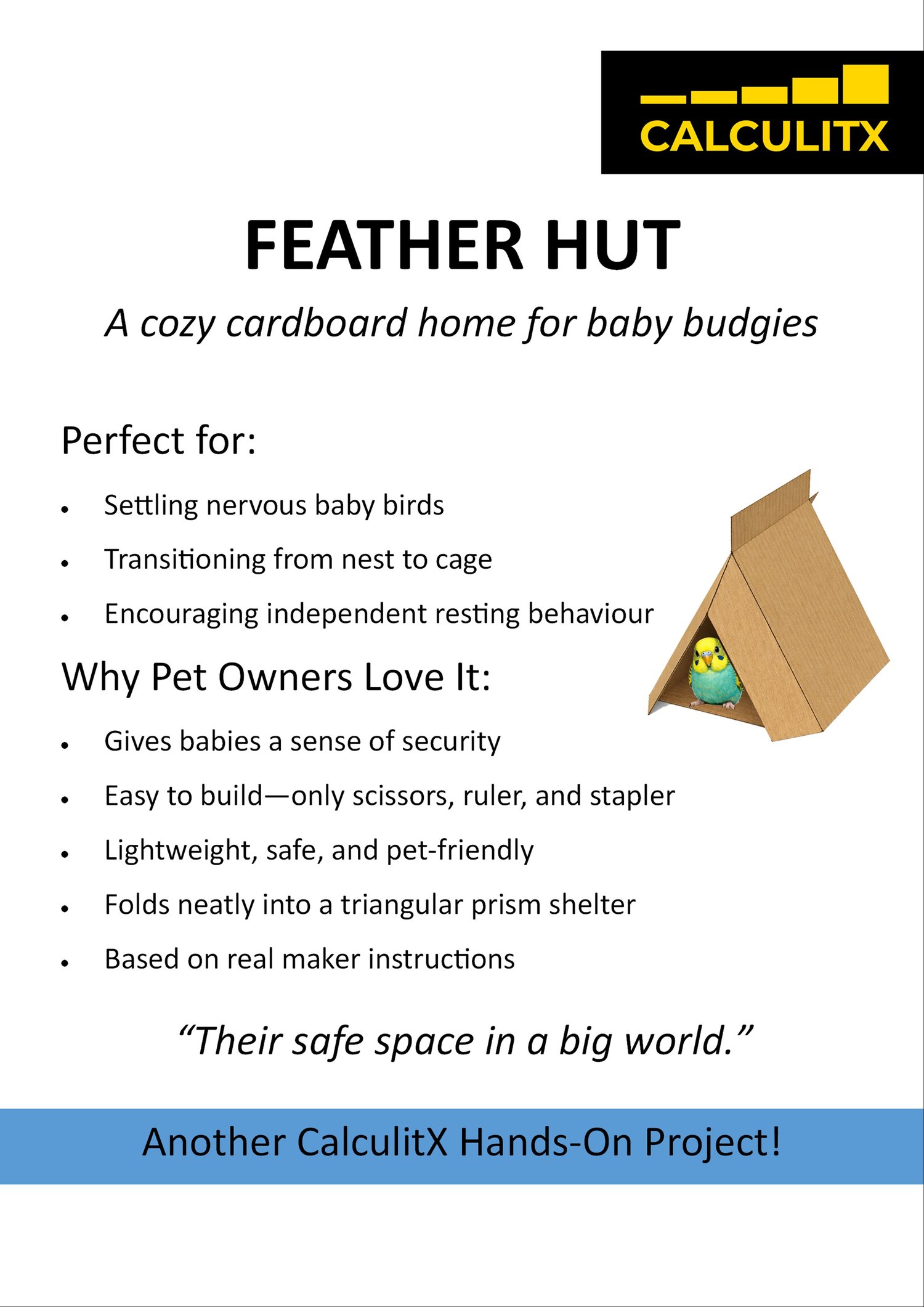 Feather Hut: A cozy cardboard home for baby budgies