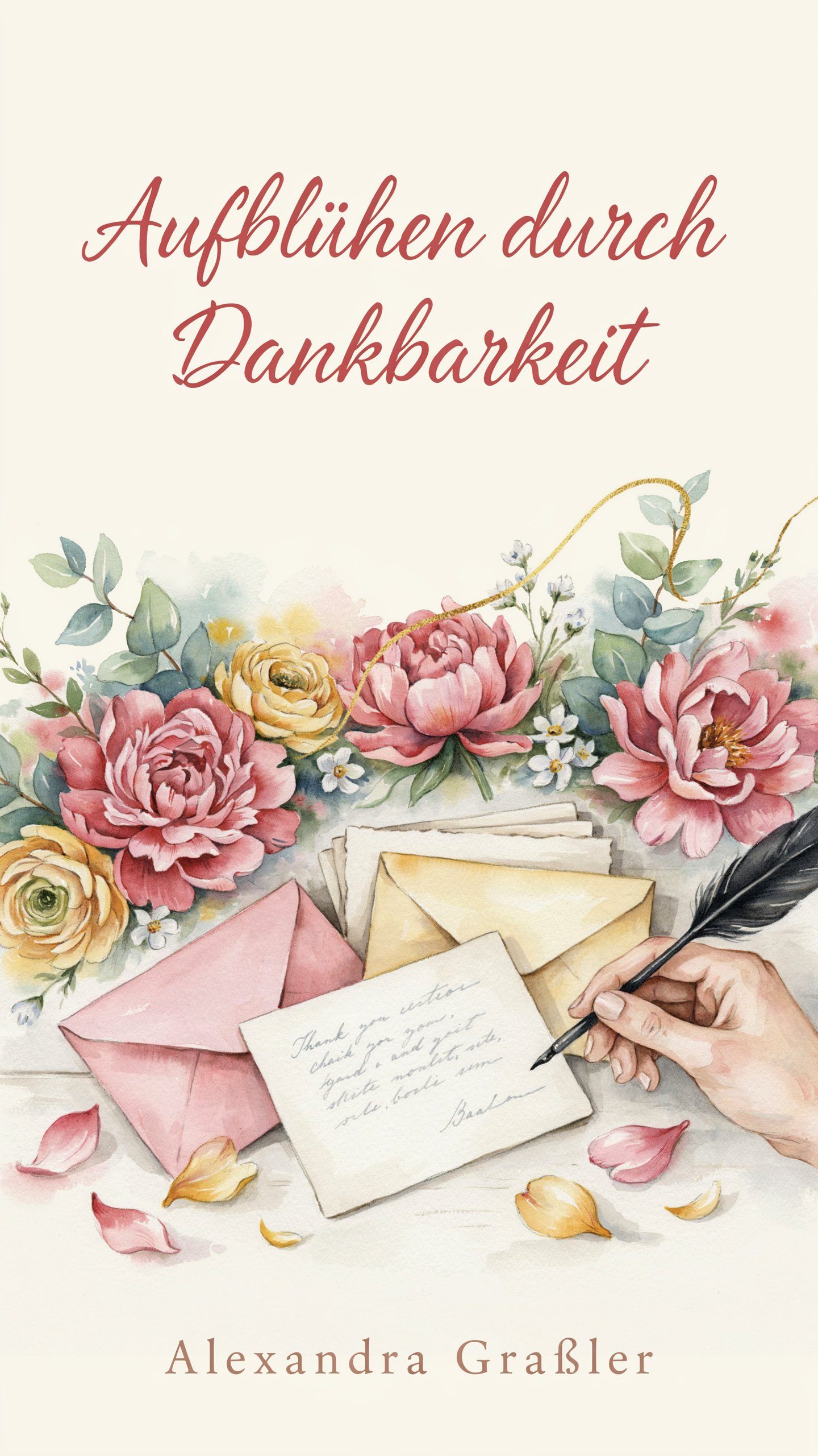 Aquarell-Cover des Ebooks "Aufblühen durch Dankbarkeit" von Alexandra Graßler, mit Dankeskarte und Blumen in warmen Farbtönen