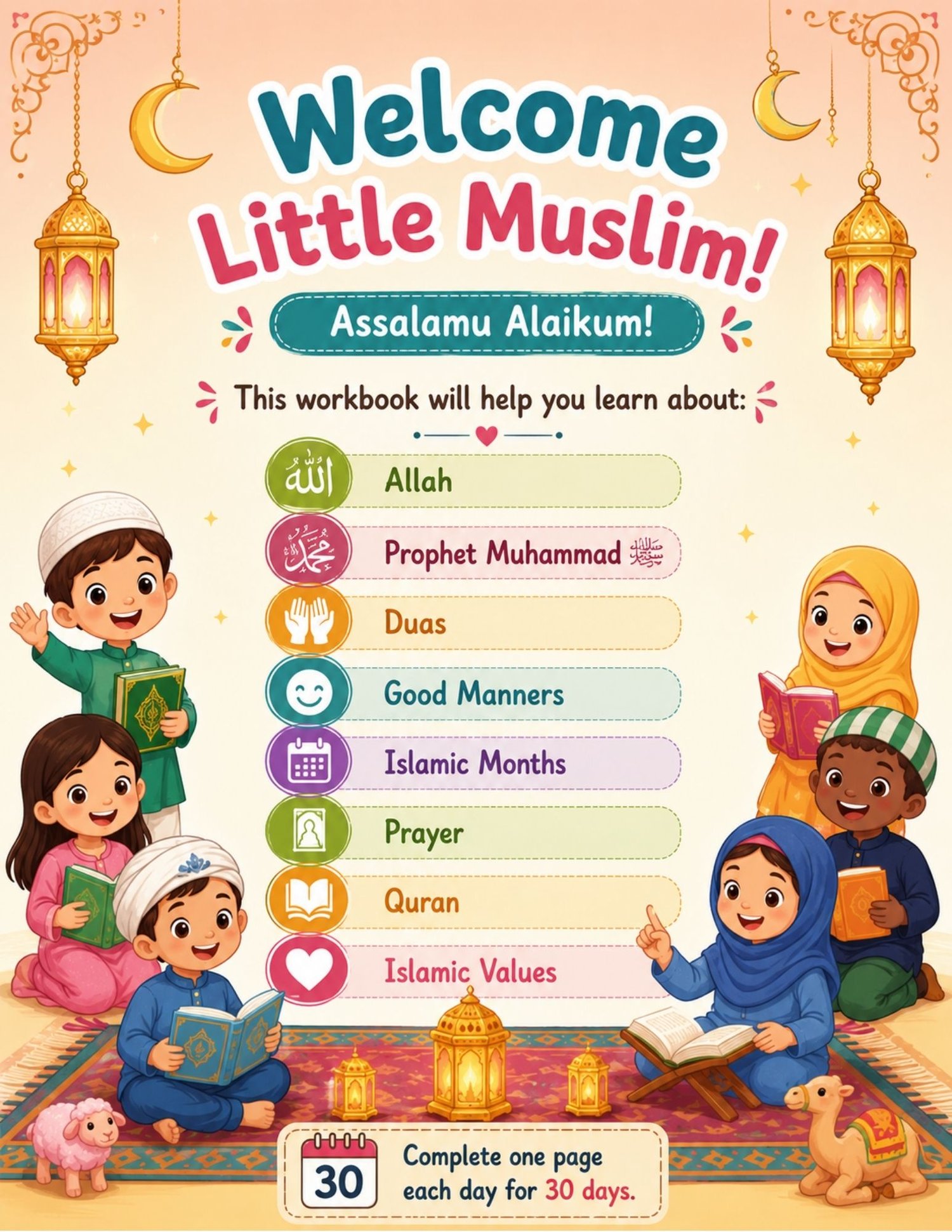 "30-Day Islamic Learning Bundle printable PDF for kids ages 5–8 featuring daily Islamic activities, coloring pages, tracing worksheets, duas, Prophet stories, Quran lessons, Ramadan activities, prayer practice, and homeschool resources."